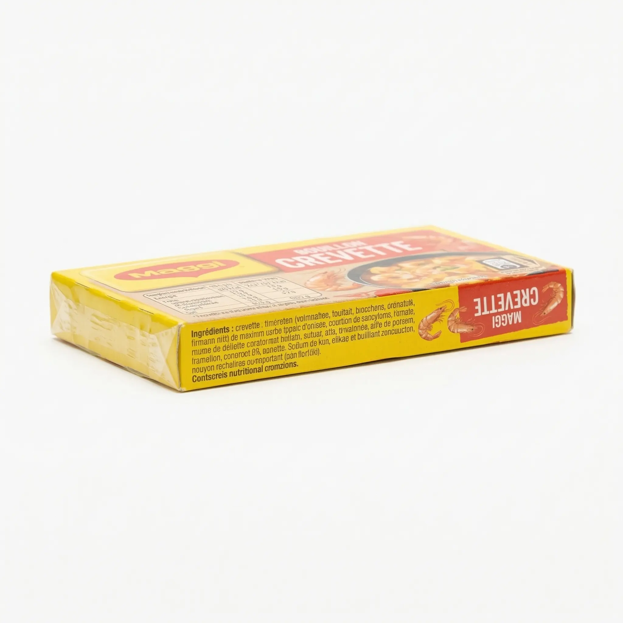 Vue latérale boîte cube Maggi crevette, marquage saveur lisible